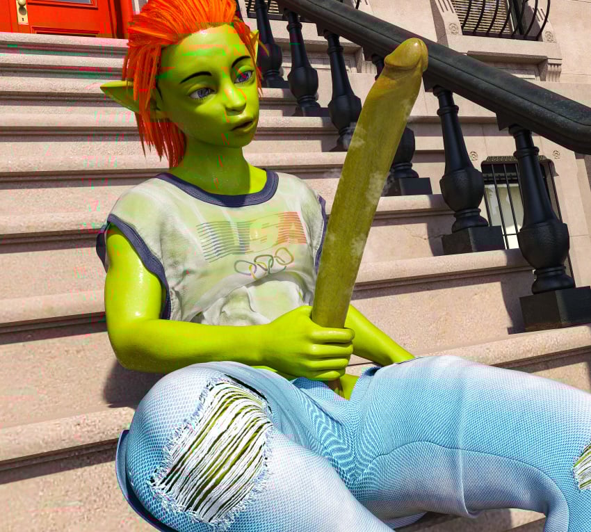 3d_(artwork) absurd_res big_penis blue_eyes bodily_fluids bottomwear bustin3d clothing denim denim_bottomwear denim_clothing digital_media_(artwork) genitals goblin green_body hair hand_on_penis hi_res huge_cock huge_filesize humanoid hyper hyper_genitalia hyper_penis jeans long_penis male musk orange_hair outside pants penis sitting solo sweat sweaty_clothing sweaty_genitalia sweaty_shirt sweaty_topwear tex_(bustin3d) topwear