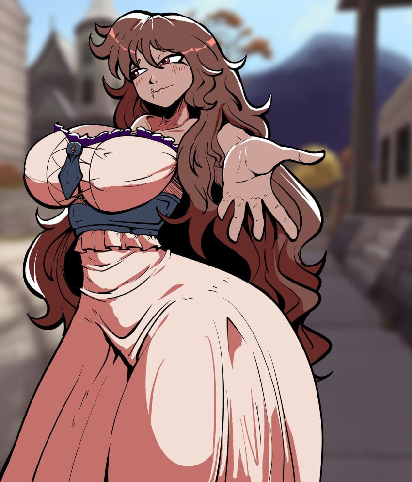 1futa background blush blush_lines blushing_futa brigand_(tales_of_androgyny) brown_hair canon_futanari commission dark-skinned_futanari dark_skin date disguise dress embarrassed embarrassed_futa fanart flat_colors futanari large_breasts lip_scar long_hair looking_away magenta_eyes nekochanoff nervous nervous_smile nsfw_version_available offering_hand scar_on_lip sfw_version shy tales_of_androgyny thick_thighs