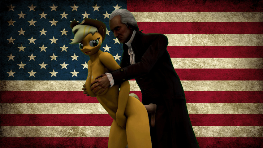 2014 3d american_flag animated anthro applejack_(mlp) big_breasts breasts crossover duo equine erection female founding_father friendship_is_magic george_washington horse human male mammal my_little_pony nipples penetration penis pony sex smooth_skin swedishsnus