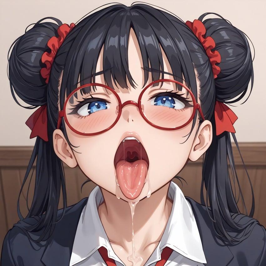 4k ai_generated black_hair blue_eyes female glasses nyra nyramusensfw original_character pale_skin twin_buns white_shirt