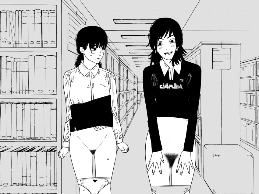 2girls blush book bookshelf chainsaw_man collared_shirt commentary_request female_pubic_hair fujimoto_tatsuki_(style) greyscale highres indoors library low-tied_sidelocks low_twintails mifune_fumiko mitaka_asa monochrome multiple_girls nanami_toga open_mouth panties pubic_hair shirt sidelocks sweat twintails underwear