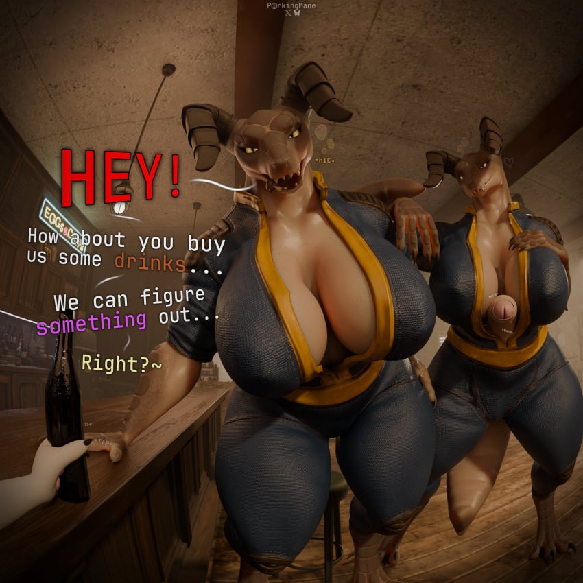 1:1 3d_(artwork) 4k absurd_res alcohol anthro bar beer beverage big_breasts breasts bubble claws clothed clothing deathclaw dialogue digital_media_(artwork) drunk drunk_bubble duo english_text erection fallout female genitals hand_on_breast hand_on_shoulder hi_res horn huge_breasts inviting inviting_to_sex looking_at_viewer male mammal microsoft open_mouth partially_clothed partially_exposed penis penis_poking_out porkingmane reptile requesting scalie sex_request smile substance_intoxication tail talking_to_viewer text throbbing throbbing_penis tongue tongue_out vulgarvictor_(modeler) watermark