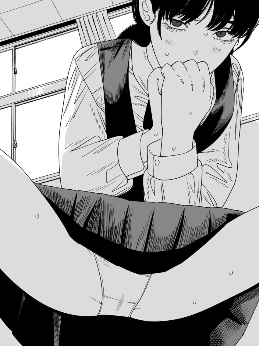 chainsaw_man collared_shirt commentary_request dress female fourth_east_high_school_uniform fujimoto_tatsuki_(style) greyscale highres indoors light_blush long_sleeves mitaka_asa monochrome nanami_toga panties pinafore_dress pussy_juice school_uniform shirt sleeveless sleeveless_dress solo spread_legs sweat underwear window