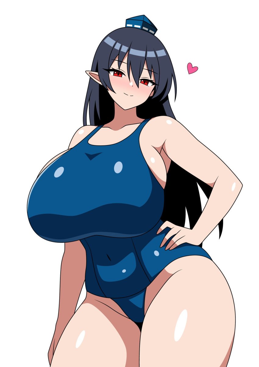 1girls big_breasts black_hair breasts female hat heart huge_breasts iizunamaru_megumu light-skinned_female long_hair pointy_ears red_eyes smile solo solo_female ssaf52913778 swimsuit tengu thick_thighs thighs touhou white_background