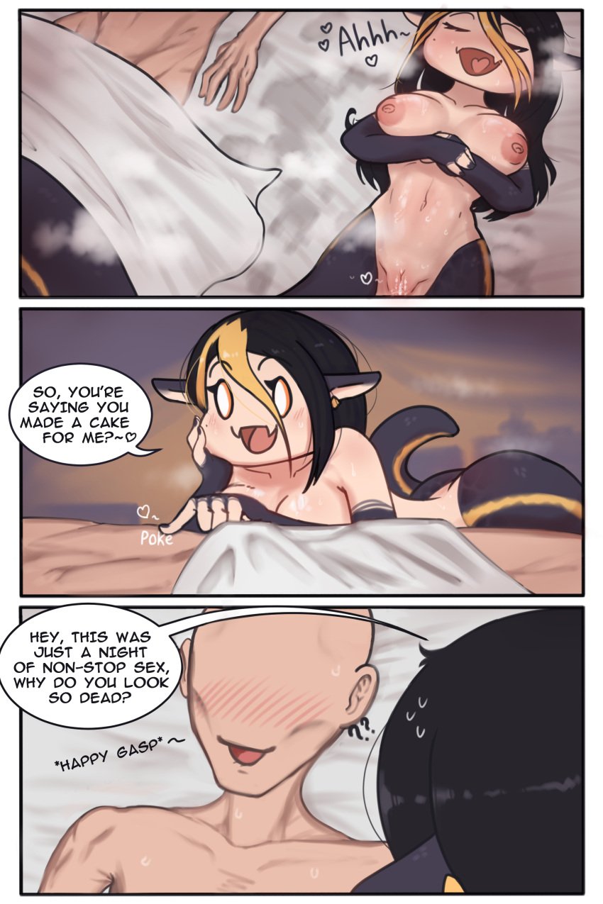 absurd_res after_sex apode bodily_fluids comic cum cum_inside draconcopode drained female genital_fluids hi_res human humanoid lamia legless male male/female mammal omenocta reptile scalie serpentine snake speech_bubble split_form sweat vaginal_fluids