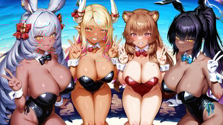 4girls ai_generated animal_ears beach black_hair blonde_hair blue_archive bowtie brown_hair bunny_costume bunny_ears bunny_girl bunnysuit child_bearing_hips cleavage covered_nipples crossover dark-skinned_female dark_skin day double_peace_sign draph draph_race_(granblue_fantasy) embarrassed erun_(granblue_fantasy) erune fake_animal_ears fertile granblue_fantasy heart-shaped_pupils horn horns huge_breasts imminent_sex karin_(blue_archive) karin_(bunny)_(blue_archive) kubira_(granblue_fantasy) kumbhira_(granblue_fantasy) log long_hair makura_(granblue_fantasy) peace_sign pink_eyes pointy_ears ponytail pov raphtalia silvesta sitting smile stable_diffusion sunny sweat tanuki_girl tate_no_yuusha_no_nariagari teeth thick_thighs thighs tongue waiting_for_sex waiting_for_turn water white_hair wide_hips wives yellow_eyes