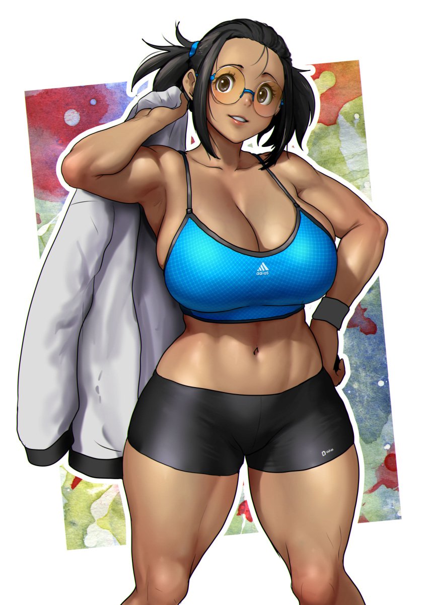 1girls 2023 2d_(artwork) armband armpit arung_samudra_(cessa) athletic_female belly_button big_breasts breasts clavicle cleavage dark-skinned_female digital_media_(artwork) erkazooya female_only glasses jacket looking_at_viewer one_arm_up original smiling_at_viewer solo_female sports_bra sports_shorts sportswear thighs tied_hair twintails waist