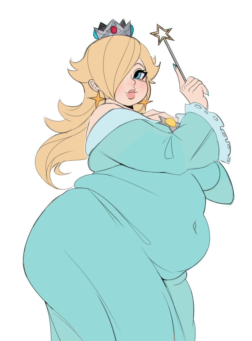 1girls artiah669 bbw belly big_belly big_lips blonde_hair blue_dress blue_eyes crown dress earrings fat female female_only lips long_hair mario_(series) nintendo one_eye_covered overweight overweight_female princess princess_rosalina silver_crown