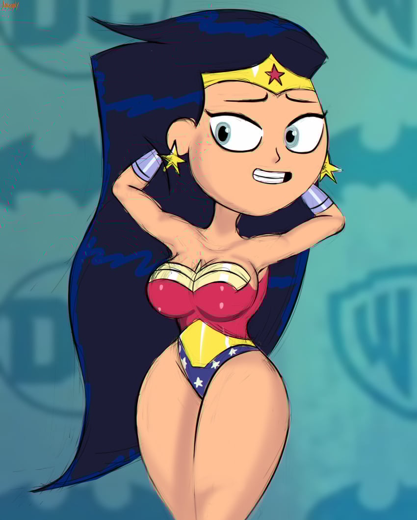 big_body big_breasts big_legs breasts dc fanart female female_only hands_behind_head long_hair_female pose shy sketch smile teen_titans_go theanonyms wonder_woman
