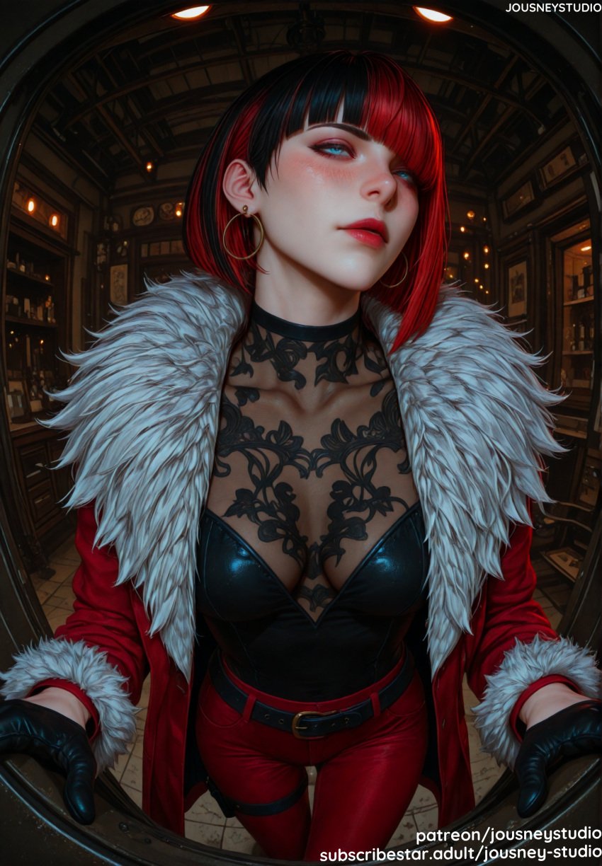 ai_generated anna_williams bandai_namco bangs belt black_belt black_gloves black_hair blue_eyes blunt_bangs blush bob_cut breasts choker cleavage clothing coat earrings english_text female female female_only freckles fur_trim gloves hoop_earrings indoors jacket jewelry jousneystudio large_breasts lips lipstick long_sleeves makeup medium_breasts multicolored_hair namco open_clothes open_jacket original pants parted_lips red_hair red_jacket red_lips red_pants short_hair solo tekken tekken_8 two-tone_hair