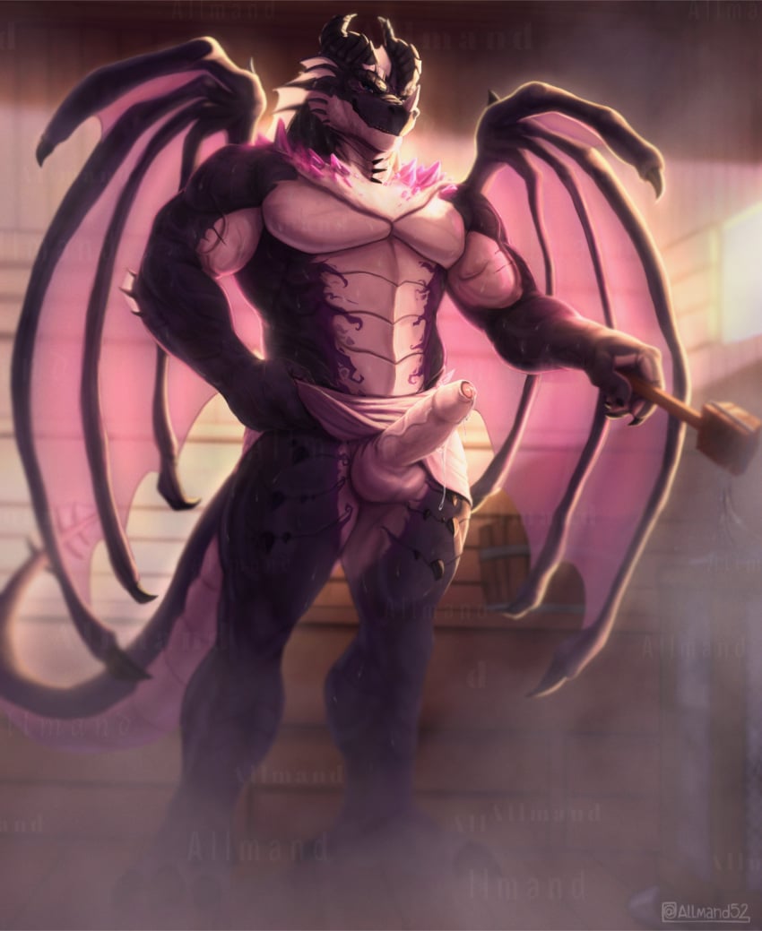 2025 abs allmand52 anthro aroused balls biceps blizzard_entertainment bodily_fluids bucket calf_muscles container deltoids dracthyr dragon dripping erection european_mythology forearm_muscles foreskin front_view genital_fluids genitals grin grinning_at_viewer hand_on_hip hi_res inside kitchen_utensils ladle looking_at_viewer male manly muscular muscular_arms muscular_legs muscular_thighs mythological_creature mythological_scalie mythology nude pecs penis plated_scales precum precum_drip purple_body purple_spikes sauna sauna_bench scales scalie smile solo spiked_body spikes spread_wings standing sweat tools towel towel_around_waist towel_lift towel_only triceps ventral_scales warcraft western_dragon wings