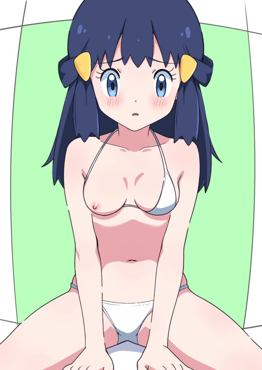 alternate_costume arm_support bare_arms bare_belly bare_legs bare_shoulders bare_thighs belly_button bikini blue_eyes blue_hair blush collarbone dawn_(pokemon) hairclip long_hair mnkr98 nipples one_breast_out parted_lips pokemon sitting spread_legs thighs white_bikini