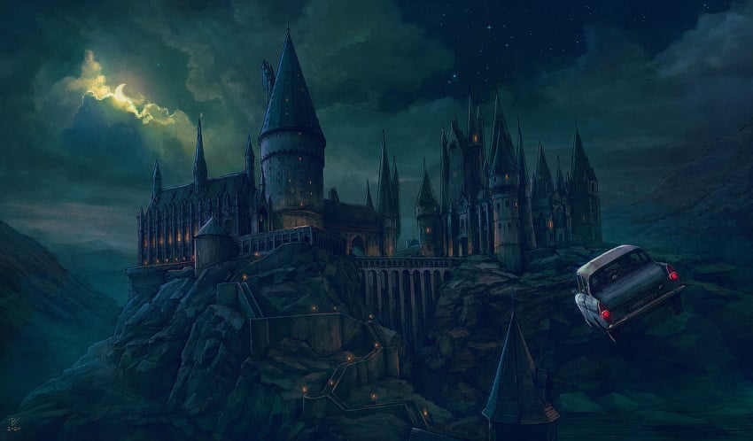 car castle hand_drawn hogwarts night peak tagme
