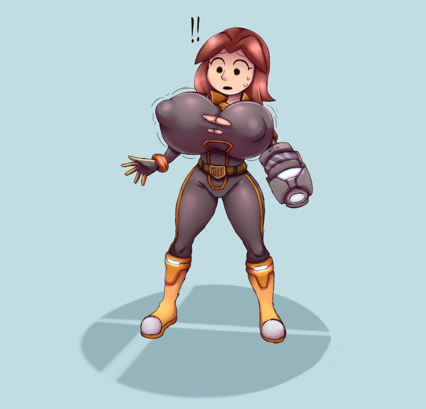 !! 1girls alternate_costume arm_cannon belt big_breasts black_suit blue_background boots breast_expansion breast_focus breasts brown_hair color colored female female_only fully_clothed gloves image_set jacket light-skinned_female light_skin looking_at_breasts metachoke mii mii_gunner mii_gunner_(smash_4) mob_face motion_lines nintendo nipple_bulge orange_boots orange_jacket ripping_clothing shaded simple_background smash_logo solid_color_background super_smash_bros. super_smash_bros._for_nintendo_3ds_and_wii_u sweating tight_clothing