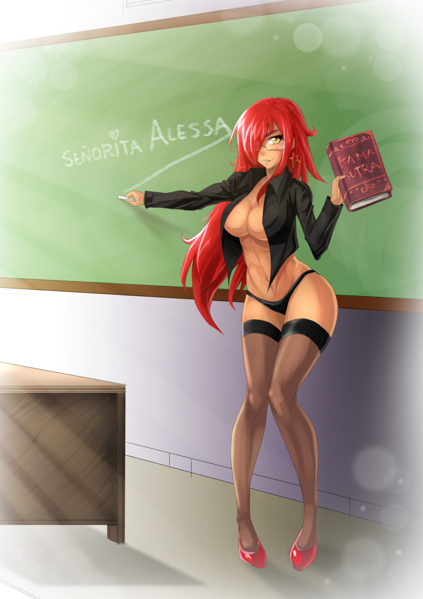 abs alessa black_panties book breasts chalkboard classroom cleavage dark-skinned_female dark_skin earrings female hair_over_one_eye high_heels highres long_hair navel no_bra opcrom open_clothes open_shirt original panties red_hair smile solo standing teacher thighhighs underwear yellow_eyes