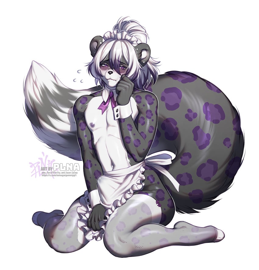 anthro apron biped bodily_fluids clothing countershade_face countershade_fur countershade_torso countershading erection erection_under_clothing felid femboy fingers fur genital_fluids hair hi_res male mammal pantherine plna precum precum_through_clothing simple_background snow_leopard solo wet wet_clothing white_background