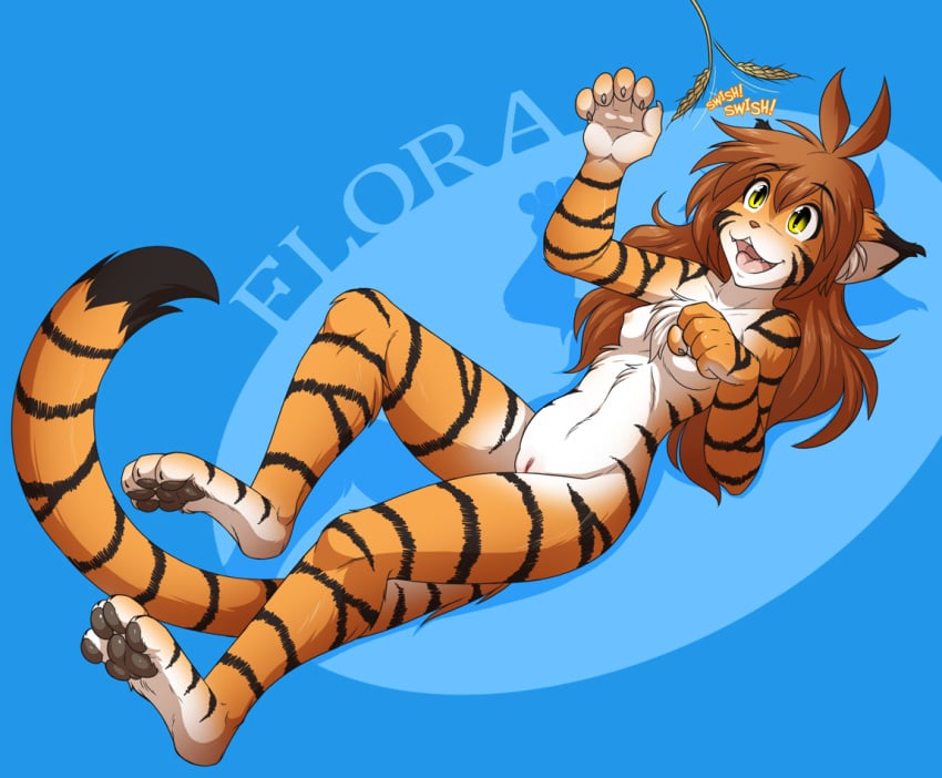 anthro blue_hair breasts chest_tuft feline female flora_(twokinds) fur furry hair keidran mammal nipples nude open_mouth orange_fur paws pussy stripes tiger tom_fischbach tuft twokinds white_fur yellow_eyes