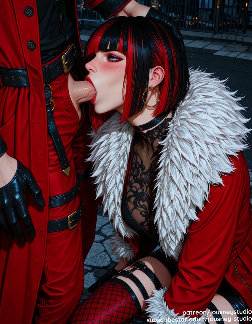 1boy ai_generated anna_williams bandai_namco bangs belt black_choker black_gloves black_hair black_jacket blowjob blue_eyes blunt_bangs blush bob_cut breasts choker clothing coat deepthroat earrings fellatio female fishnets fur-trimmed_jacket fur_trim gloves hand_on_another&#039;s_head hoop_earrings jacket jewelry jousneystudio kneeling large_breasts legwear lips long_sleeves makeup male multicolored_hair namco night nose open_clothes oral original outdoors pants penis piercing public_indecency red_coat red_hair red_jacket red_pants saliva see-through shirt short_hair solo_focus straight streaked_hair tekken tekken_8 thigh_strap thighhighs two-tone_hair
