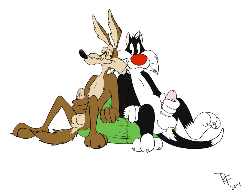 2014 anthro canine coyote feline fur looney_tunes male male_only mammal masturbation multiple_males nude paintfox penis simple_background sitting smile smooth_fur sylvester warner_brothers white_background wile_e._coyote yaoi