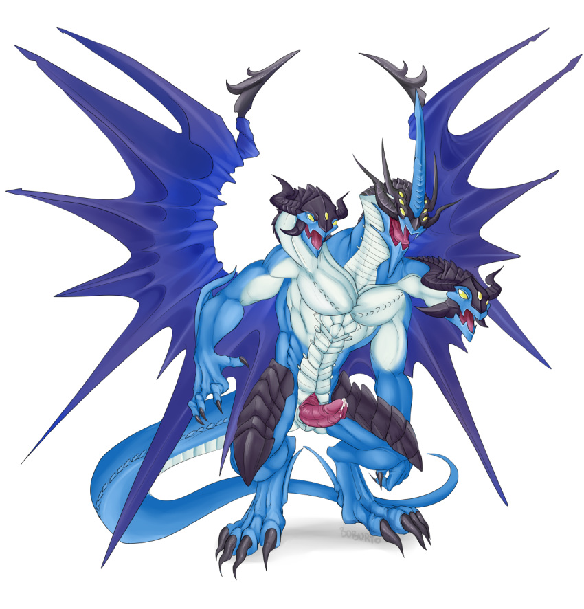 2013 blizzard_king blue_scales claws conjoined cum dragon erection etrian_odyssey horn hydra male male_only multi_eye multi_head muscles pecs penis precum scalie sirboburto wings yellow_eyes