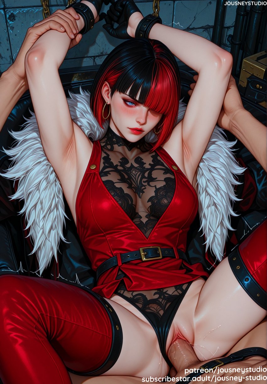 1boy ai_generated anna_williams armpits arms_behind_head arms_up bandai_namco bangs bare_shoulders belt black_clothes black_dress black_gloves black_hair black_legwear black_panties black_underwear blue_eyes blush bob_cut bondage bound breasts chained chained_wrists chains choker clothed_sex clothing clothing_aside dress earrings english_text erection female female fur_trim gloves hair_over_one_eye hoop_earrings jewelry jousneystudio lace lace_panties lace_trim large_breasts legwear lingerie lips lying makeup male medium_breasts mole multicolored_hair namco navel nipples on_back one_eye_covered panties panties_aside pantsu parted_lips penis pussy red_dress red_hair red_lips restrained sex short_hair solo_focus spread_legs straight sweat tekken tekken_8 thighhighs thighs two-tone_hair underwear underwear_aside vagina vaginal_penetration weapon