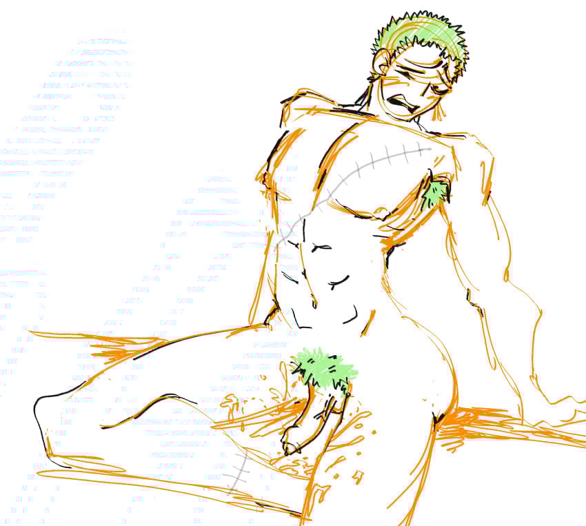 1boy armpit_hair ashamed blush cum earrings fully_nude green_hair male_focus male_only muscular_male one_piece pubic_hair roronoa_zoro scars uncut