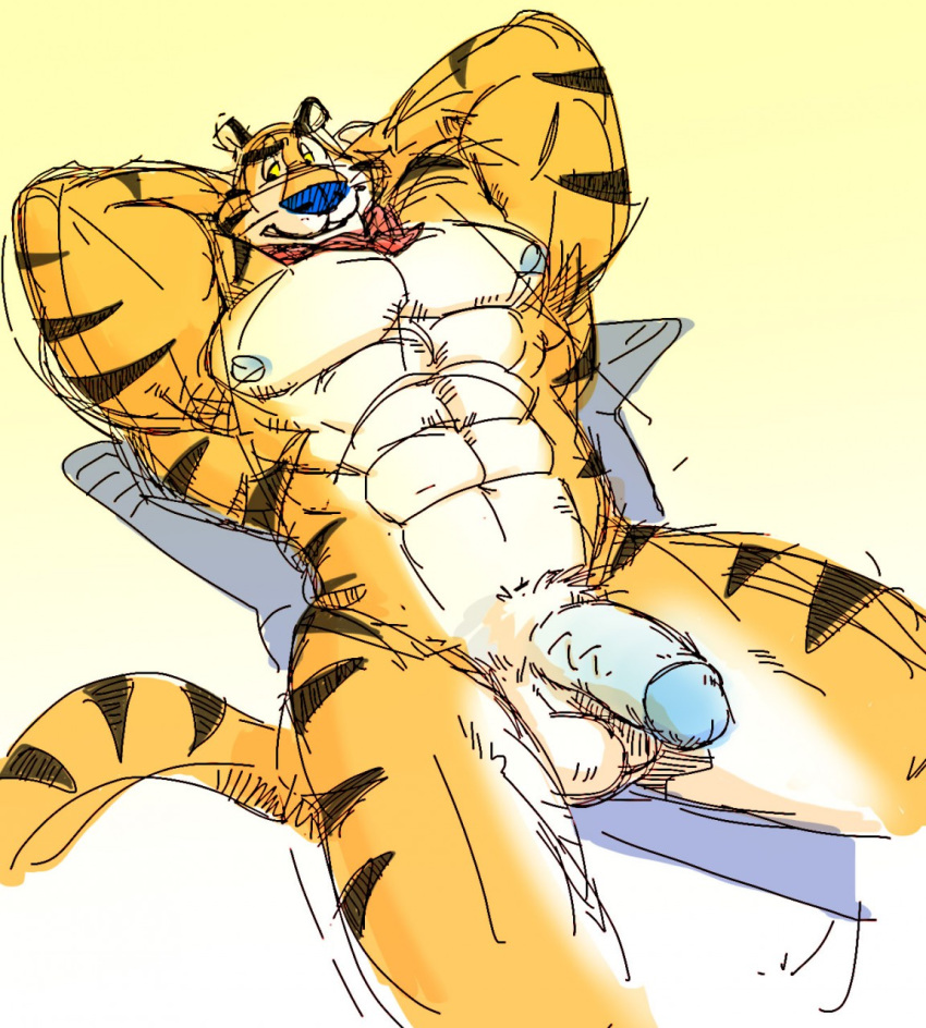 1boy anthro armpits balls feline fur furry male male_only mammal muscles penis poop_(artist) solo tiger tony_the_tiger vein