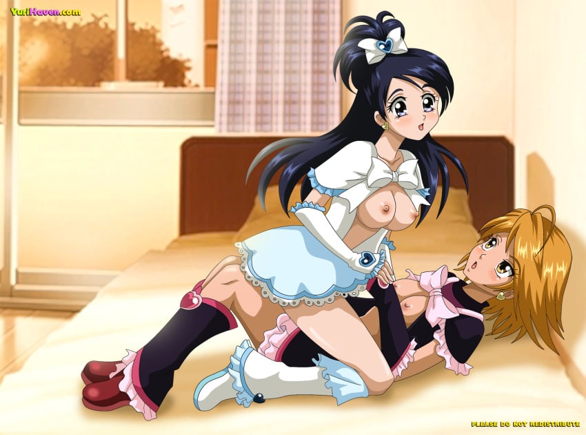 2girls bbmbbf black_hair breasts cure_black cure_white female female_only futari_wa_precure futari_wa_pretty_cure light-skinned_female long_hair magical_girl misumi_nagisa nipples on_bed orange_hair precure pretty_cure short_hair toei_animation tomboy yukishiro_honoka yuri yurihaven.com