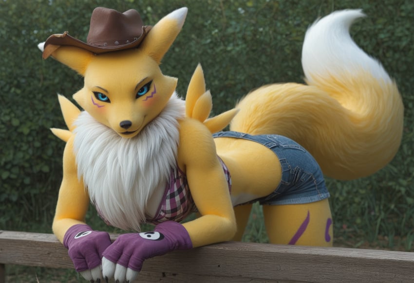 ai_generated anthro anthropomorphic big_breasts blue_eyes country_girl cowboy_hat digimon digimon_(species) farm_girl female fox fox_girl fur furry furry_only in_heat inviting_to_sex looking_at_viewer ranch_girl renamon renamon_(digimon) seductive seductive_look seductive_smile sexy sexy_body sexy_pose