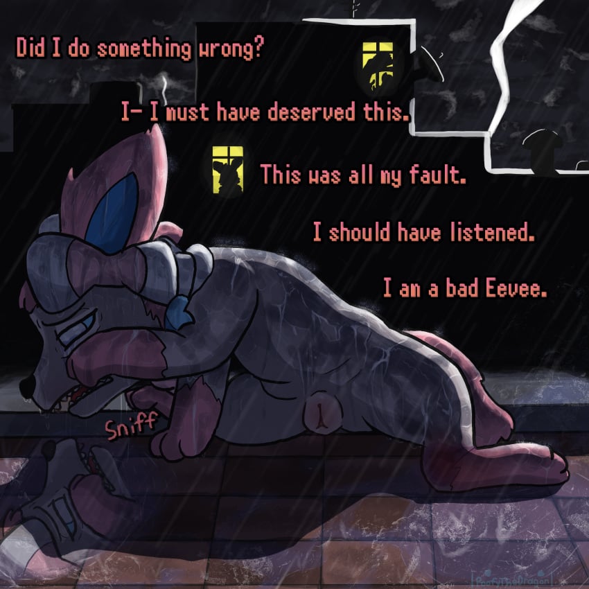 absurd_res abused after_rape after_sex bodily_fluids canid canine canis city comic cookie crying domestic_dog eevee eeveelution fairy female food generation_1_pokemon generation_6_pokemon genitals hi_res mammal night nintendo nude pokemon pokemon_(species) poofythedragon pussy raining sad series_(disambiguation) storm story street sylveon tears trauma victim water wounded