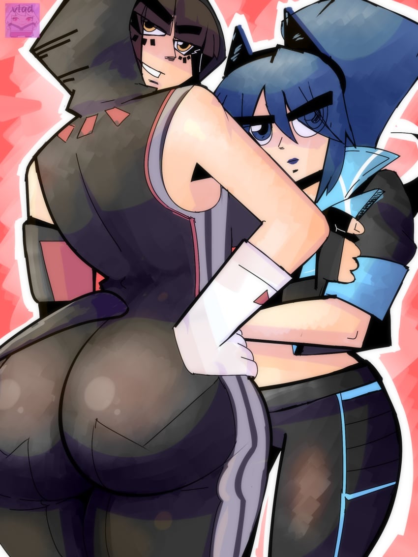 2girls agata_(fortnite) big_ass big_butt black_clothing blue_eyes blue_hair cat_ears cat_tail curvy female focus fortnite hope_(fortnite) parallel_vlad patreon_link vi_wesker