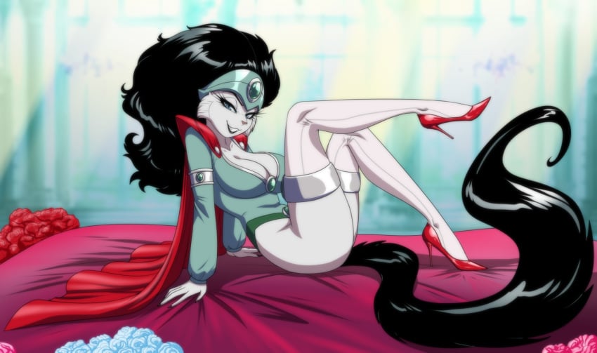 anthro bed bedroom_eyes black_hair black_lipstick blue_eyes bottomless bucky_o'hare_(series) cape clothed clothing crovirus crown curvy_figure domestic_cat felid feline felis female footwear furniture gem hair headgear hi_res high_heels hourglass_figure legwear lipstick lisa_(bucky_o'hare) looking_at_viewer makeup mammal narrowed_eyes pinup pose raised_leg seductive shoes shoulder_pads smile solo stockings tiara