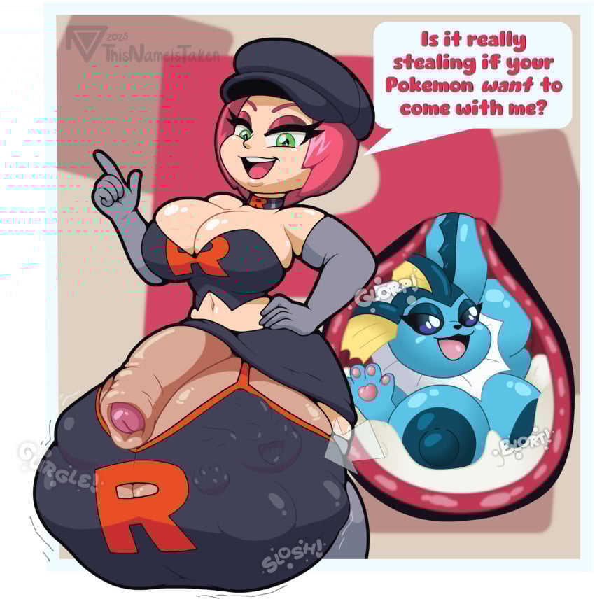 anthro areola armwear ball_bra balls big_areola big_balls big_breasts big_nipples big_penis blue_body blue_skin bodily_fluids border bottomwear breasts choker clothing cock_vore cum duo eeveelution elbow_gloves endosoma english_text face_imprint female flaccid foreskin futa_on_female futanari generation_1_pokemon genital_fluids genitals gloves green_eyes grunt_(pokemon) gynomorph hair half-closed_eyes hand_on_hip handwear hat headgear headwear hi_res huge_areola huge_balls huge_breasts huge_cock huge_nipples human human_pred hyper hyper_balls hyper_genitalia hyper_penis imprint inside_balls intersex intersex/female jewelry legwear looking_at_viewer mammal midriff narrowed_eyes navel necklace nintendo nipples nude onomatopoeia outside_border pawpads penile penis pink_hair pokemon pokemon_(species) pokemon_prey rocket_grunt safe_vore skirt soft_vore sound_effects speech_bubble talking_to_viewer team_rocket team_rocket_grunt team_rocket_grunt_(female) team_rocket_uniform text thigh_highs thisnameistaken uncircumcised vaporeon vore willing_prey