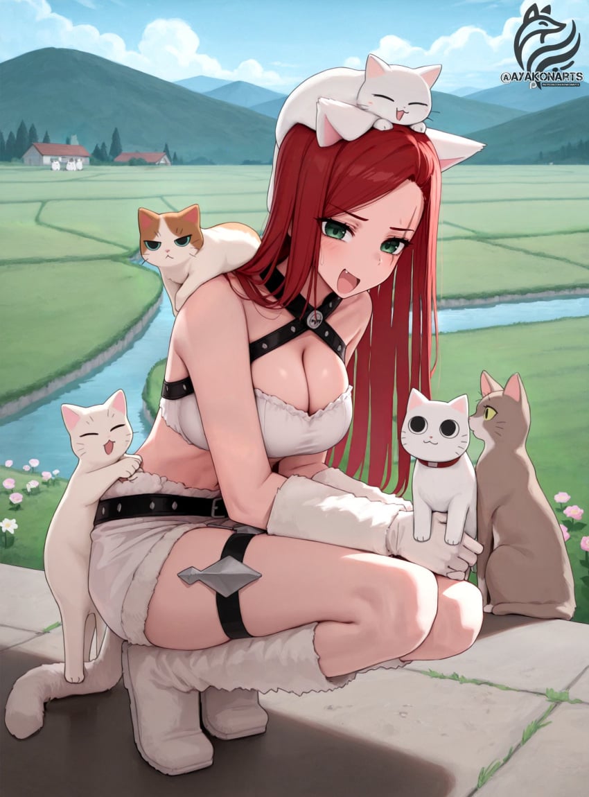 ayakonarts cat_ears cat_tail cats dagger green_eyes katarina_du_couteau league_of_legends red_hair scar