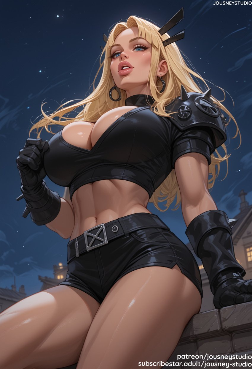 abs ai_generated armor bangs belt black_clothes black_gloves black_shirt black_shorts blonde_hair blue_eyes blush breasts choker cleavage clothing crop_top earrings female female female_only fingerless_gloves full_moon gloves hair_ornament hoop_earrings jewelry jousneystudio large_breasts lips lipstick long_hair looking_at_viewer magik_(illyana_rasputin) magik_(marvel_rivals) makeup marvel marvel_rivals midriff moon muscle muscular_female navel night night_sky open_mouth original outdoors parted_lips pauldrons shirt short_shorts shorts shoulder_armor shoulder_spikes sitting sky smile solo spikes star_(sky) starry_sky stomach thick_thighs thighs