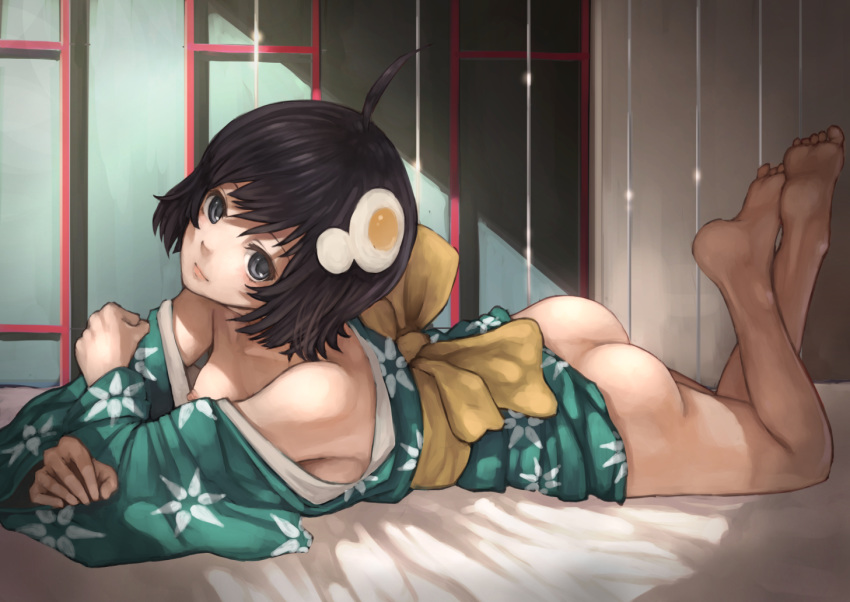 ahoge araragi_tsukihi areolae ass barefoot black_eyes black_hair clothing feet female fried_egg hair japanese_clothes kimono lying monogatari_(series) nipple nipple_slip nipples nisemonogatari no_panties on_stomach short_hair solo the_pose yuzawa