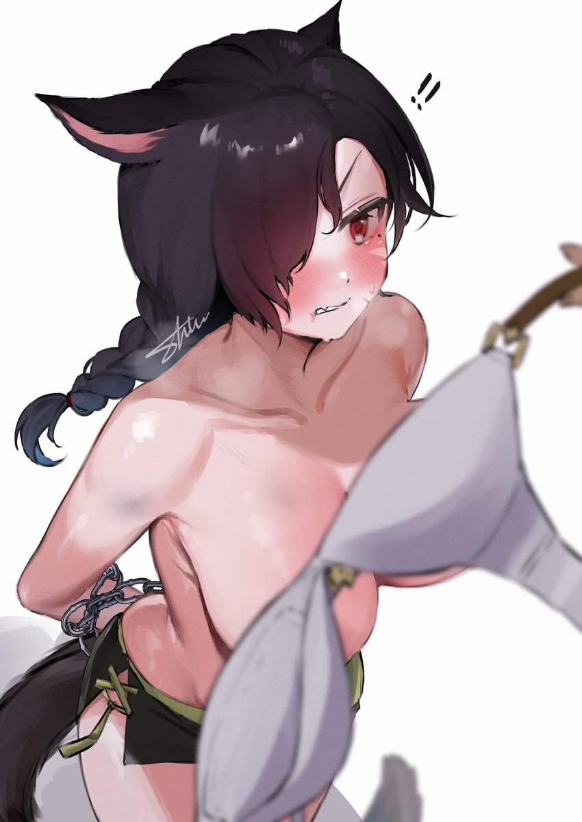 bound_wrists bra breasts chains convenient_censoring female final_fantasy_xiv miqo&#039;te red_eyes shhilee tail tears thighs topless