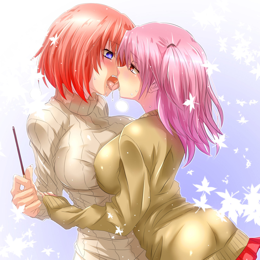 2girls arm_grab blue_eyes blush breast_press breasts eye_contact female food french_kiss half-closed_eyes hand_holding highres holding holding_hands kissing large_breasts looking_at_another looking_at_viewer multiple_girls one_side_up open_mouth original pink_hair pocky red_eyes red_hair saliva setana short_hair skirt sweat sweater symmetrical_docking tied_hair tongue tongue_out turtleneck twintails watarui yuri