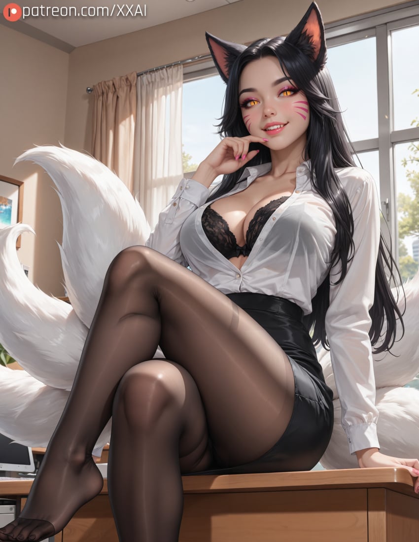 1girl, \\\\\\\\\\\\\\\\(league address, ahri animal artist at black bra bra, breasts breasts, brown classroom, cleavage, clothes, collarbone, collared crossed curtains, day, desk, dress ears, eyes, facial fang, fangs, feet feet, fingernails, fox frame, girl, gumroad hair, high-waist in, indoors, kitsune, kyuubi, lady, large legends\\\\\\\\\\\\\\\\), legs, legwear, lips, logo, long looking mark, markings, multiple nail nails, name, no nose, of office office, on open out pantyhose, partially patreon pencil pink polish, pupils, see-through see-through, shirt shirt, shoes, sitting sitting, skirt, sleeves, slit smile, solo, tail, tails, teeth, thighs, through toenails, toes, tucked unbuttoned, underwear, username, viewer, visible web whisker white window, yellow