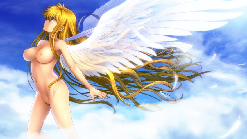 absurdres air_(anime) angel blonde_hair blue_eyes breasts cloud clouds dress female highres kamio_misuzu long_hair mutsuki_(moonknives) nude nude_filter photoshop pussy sky solo uncensored very_long_hair wings