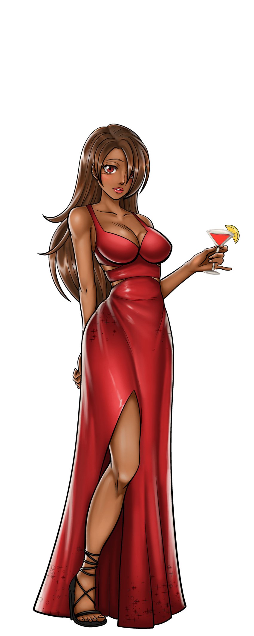 1girls alcohol bare_shoulders breasts brown_hair cg champagne champagne_flute cleavage cocktail_dress cup curvy dark-skinned_female dark_skin dress drinking_glass earrings evening_gown eyeshadow female full_body green_background hair_over_one_eye hentai_heroes high_heels jewelry kinkoid large_breasts lipstick long_dress long_hair looking_at_viewer makeup night-out_tiana_(hentai_heroes) official_art parody princess_tiana_(hentai_heroes) red_dress red_eyes red_lips side_slit smile solo transparent_background wide_hips