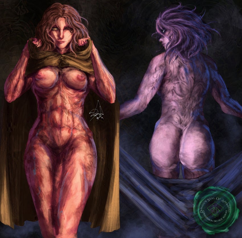abs ass back_muscles breasts brown_hair burn_scar cloak deep_one_dagon elden_ring female highres hood hooded_cloak looking_back looking_down melina_(elden_ring) muscular muscular_female purple_eyes purple_hair scar signature thighs yellow_eyes
