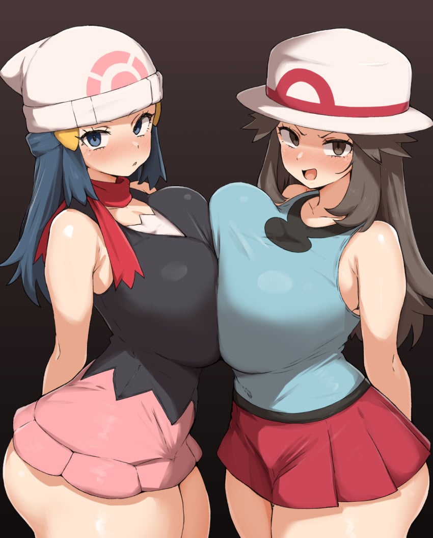 2girls arms_behind_back bare_arms beanie black_background black_eyes black_hair black_shirt blue_eyes blue_hair blue_shirt blush breast_press collarbone commentary_request curvy dawn_(pokemon) hair_ornament hat highres leaf_(pokemon) looking_at_viewer multiple_girls nintendo open_mouth parted_lips pink_skirt pokemon pokemon_dppt pokemon_frlg red_skirt shirt sidelocks simple_background skirt standing textless_version thick_thighs thighs v-shaped_eyebrows white_hat yamaori