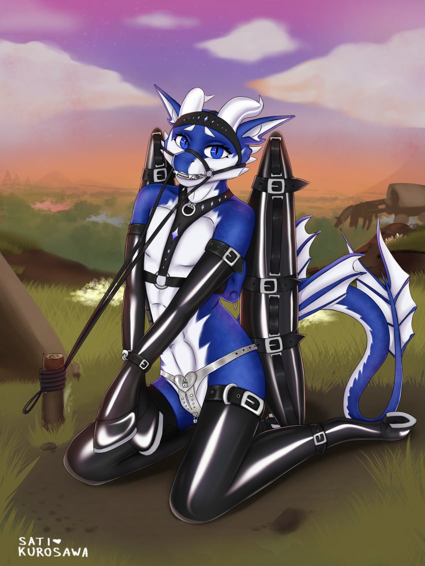 absurd_res anthro azmerond bondage bondage bound camp chastity_belt chastity_device discipline dragon field gag gagged halt harness hi_res hooves latex leash male mythological_creature mythological_scalie mythology nature petplay ponyplay roleplay sati_kurosawa scalie slave solo submissive