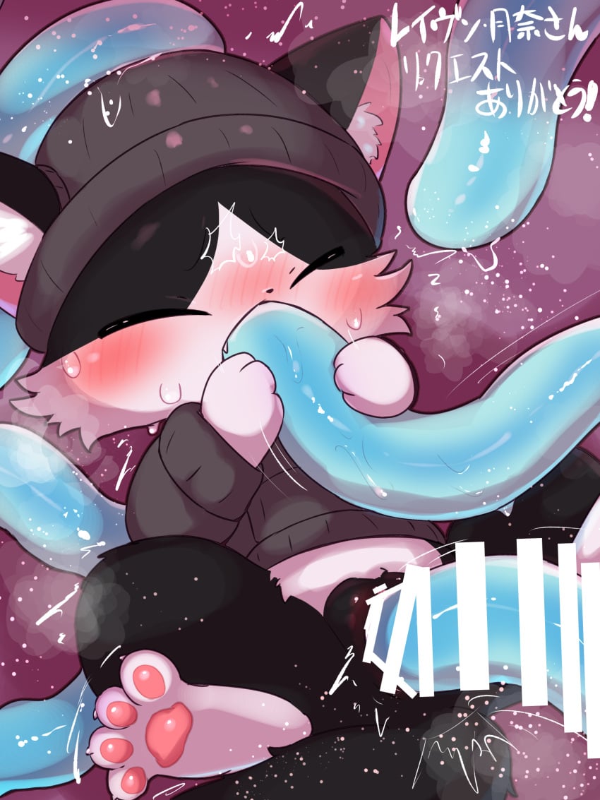 absurd_res andromorph badwingm beanie black_ears black_tail blue_tentacles blush bodily_fluids censored closed_eyes clothing cuntboy disembodied_tentacle domestic_cat felid feline felis female feral fur hat headgear headwear hi_res hoodie ineffective_censorship intersex japanese_text mammal multicolored_body multicolored_fur neck_tuft oral oral_penetration penetration raven_(raventsukina) sex solo sweat sweaty_face tail tentacle tentacle_in_mouth tentacle_in_pussy tentacle_penetration tentacle_sex text topwear tuft vaginal_penetration wet_tentacles white_paws