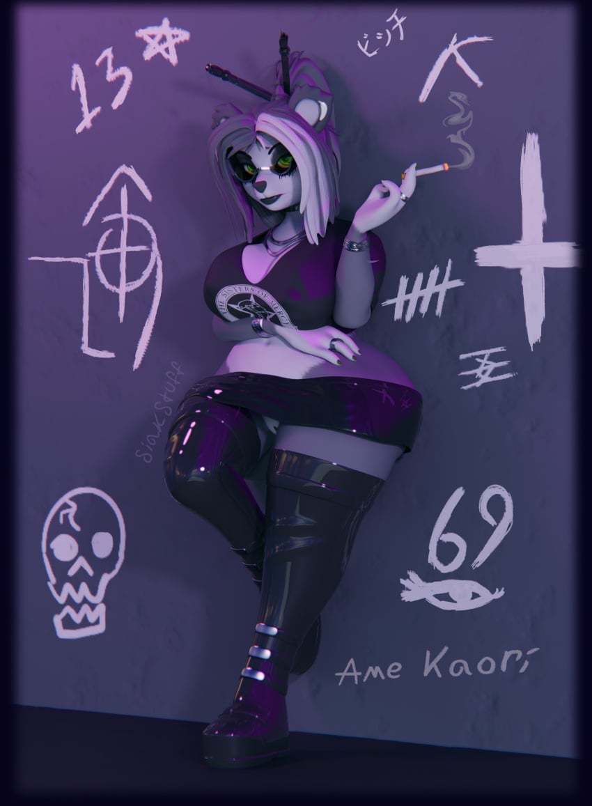 3d_(artwork) absurd_res alternative_fashion ame_kaori anthro band_shirt bear big_breasts black_lips blizzard_entertainment boots bracelet breasts chopsticks_in_hair cigarette clothed clothing colored_nails digital_media_(artwork) ear_piercing ear_ring eyewear female footwear genitals giant_panda glasses goth graffiti graffiti_on_wall green_eyes green_nails hand_under_breast hi_res huge_breasts ineffective_clothing jewelry latex latex_clothing latex_legwear latex_thigh_highs leaning_on_wall legwear lips looking_at_viewer makeup mammal nails navel necklace nipple_outline no_underwear pandaren piercing pussy pussy_peek ring ring_piercing running_makeup shoes siakstuff solo thick_thighs thigh_boots thigh_highs unimpressed warcraft wide_hips