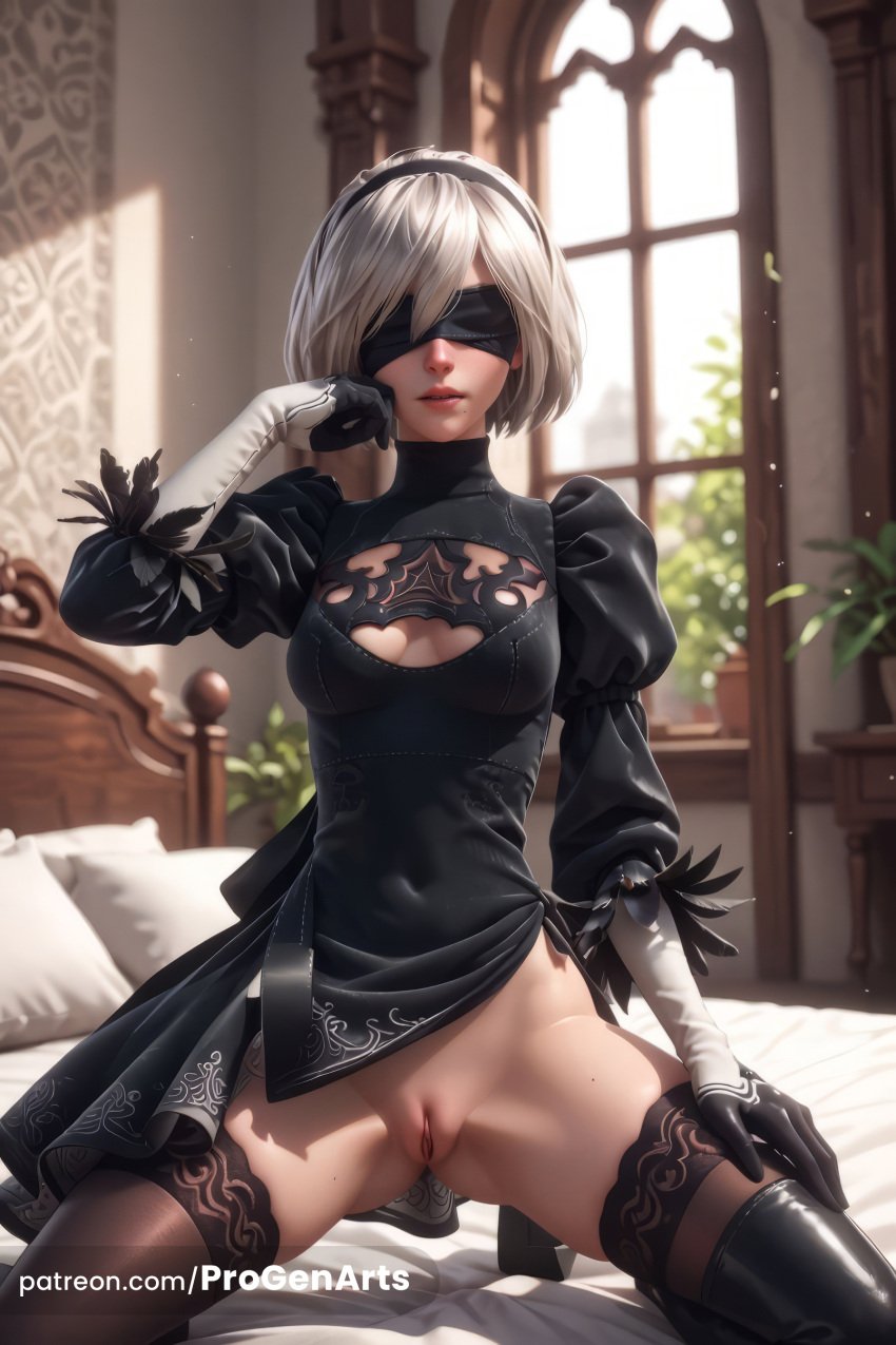 1girls 2b_(nier:automata) ai_generated artist_name ass_visible_through_thighs bed black_blindfold black_dress black_gloves black_hairband black_thighhighs blindfold boots breasts cleavage_cutout clothing_cutout covered_eyes covered_navel dress facing_viewer feather-trimmed_sleeves gloves hairband hi_res indoors kneeling leotard lips long_sleeves medium_breasts mole mole_under_mouth nier:_automata nier_(series) nier_replicant no_panties on_bed parted_lips patreon_username pillow plant progenarts puffy_sleeves pussy short_hair solo spread_legs thigh_boots thighhighs uncensored white_hair window yorha_2b