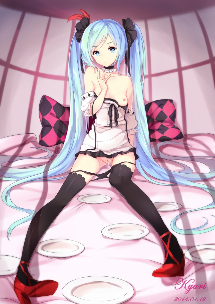 2014 after_sex artist_name blue_eyes blue_hair breasts cum cum_in_pussy dated female hatsune_miku high_heels highres kyuri_(405966795) long_hair looking_at_viewer nipples panties panty_pull plate pussy pussy_juice sitting skirt small_breasts solo thighhighs tied_hair twintails uncensored underwear very_long_hair vocaloid world_is_mine_(vocaloid)