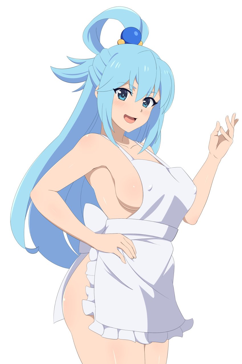 1girls apron apron_only aqua_(konosuba) blue_hair goddess naked_female smiling solo zorzero
