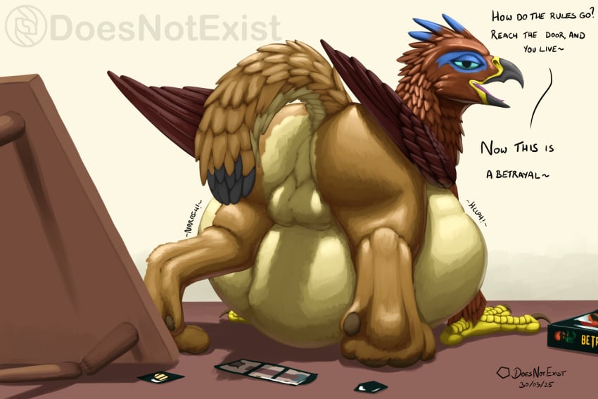 2025 ambiguous_gender ambiguous_prey anus avian balls beak belly blue_body blue_eyes blue_feathers brown_body brown_feathers countershading dated dialogue digestion digital_media_(artwork) dipstick_tail doesnotexist english_text eye_spot feathers feet feral feral_pred fur genitals gryphon hi_res male male_pred markings mythological_avian mythological_creature mythology perineum rear_view saewin signature soft_vore solo stomach_bulge subscribestar tail tail_markings talking_to_viewer talons tan_body tan_fur teasing text toes vore watermark wings